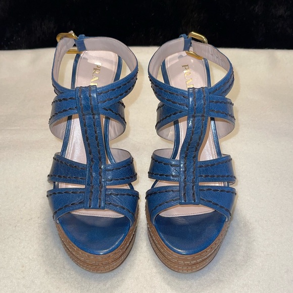 PRADA - Blue & Tan leather Platform Sandals - EU 39.5 - Made in Italy - Picture 11 of 11
